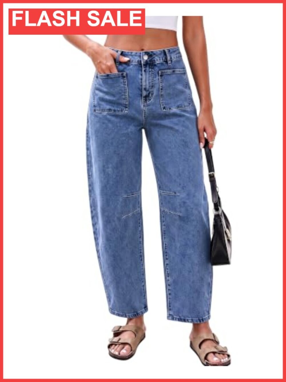 Barrel Jeans Cropped High Waisted Patch Pocket Stretch Denim Wide Leg Casual